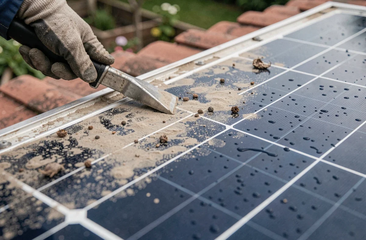 Gros plan sur un panneau solaire à moitié nettoyé montrant le contraste entre surface sale et surface propre