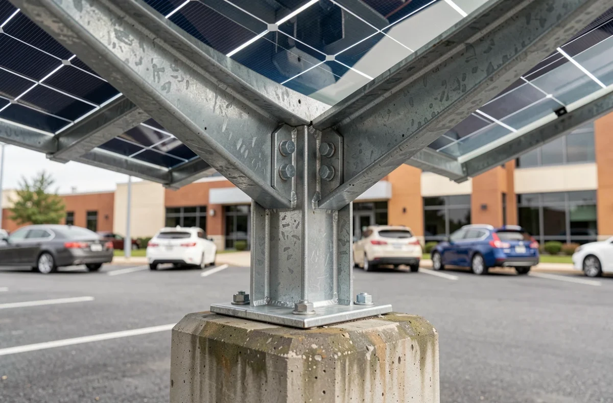 Détail de la structure métallique et des panneaux solaires d'une ombrière photovoltaïque de parking