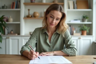 Femme consultant un devis de décoration intérieure à son bureau à domicile