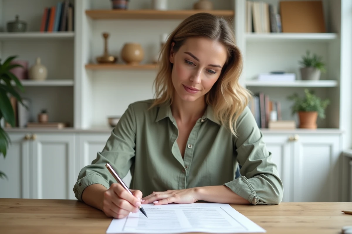 Femme consultant un devis de décoration intérieure à son bureau à domicile