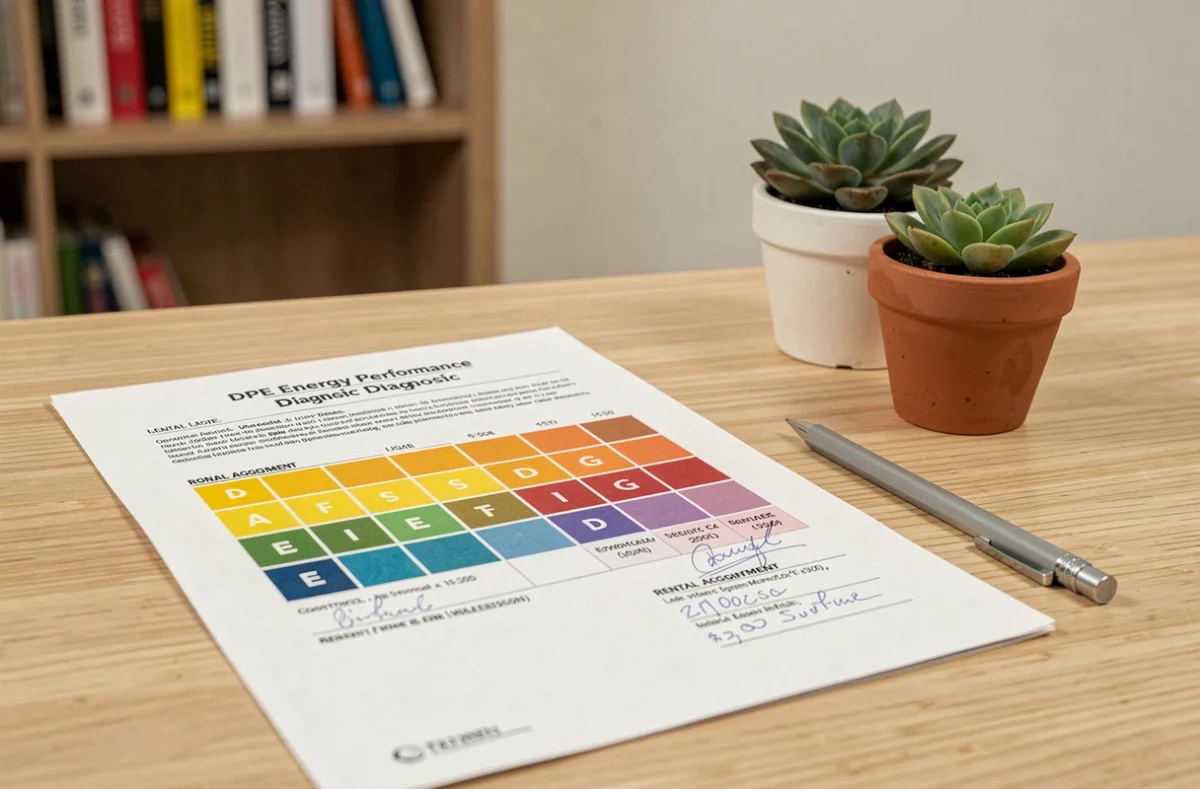 Gros plan sur un document DPE diagnostic de performance énergétique posé sur un bureau en bois clair avec un contrat de location et un crayon