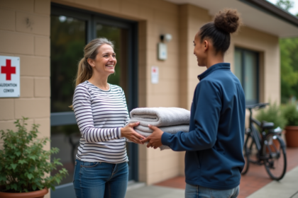Femme souriante donnant une couverture à un bénévole de la Croix Rouge