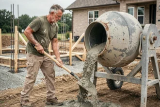 Ouvrier dosant du béton avec une pelle dans une bétonnière sur un chantier résidentiel