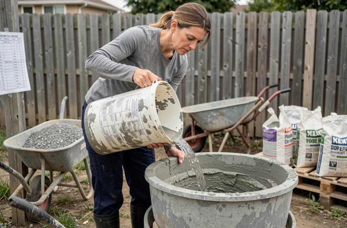 Femme versant de l'eau dosée dans une bétonnière lors d'un chantier bricolage dans un jardin