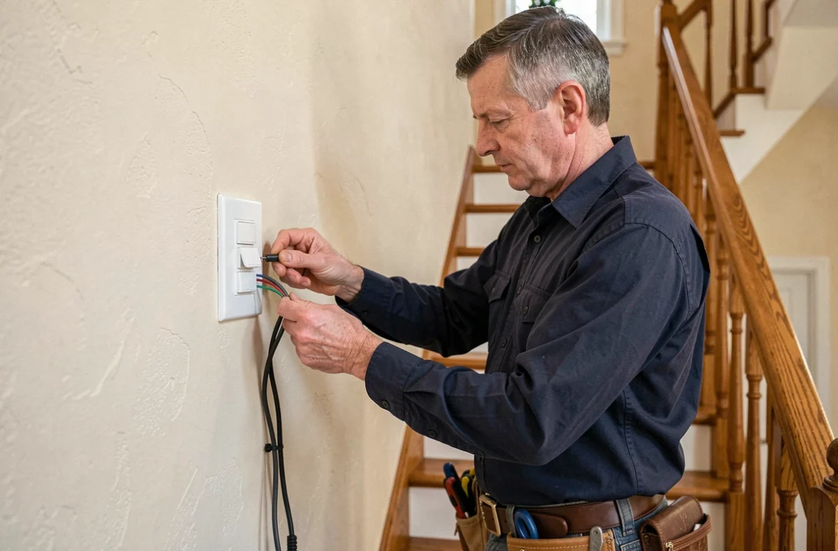 Électricien branchant un interrupteur poussoir pour escalier sur un mur beige dans un couloir résidentiel