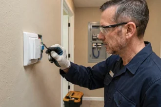 Électricien inspectant un bouton poussoir mural avec un tournevis, câblage électrique visible, travaux de rénovation résidentielle
