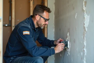 Électricien installant un module radio Yokis va-et-vient sur un chantier de construction résidentiel