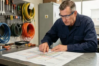 Électricien professionnel analysant un schéma électrique 380V converti en 220V sur un établi d'atelier industriel