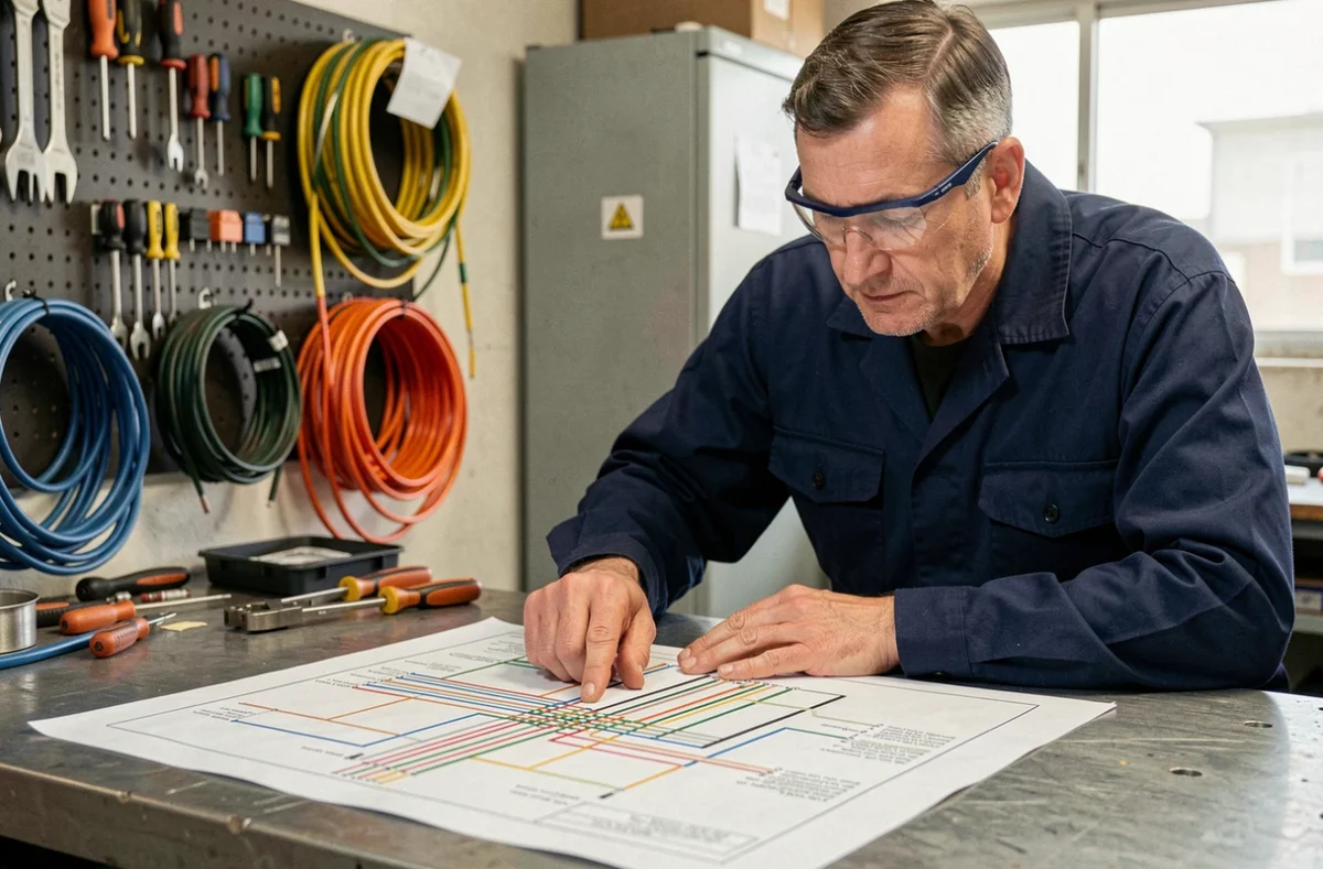 Électricien professionnel analysant un schéma électrique 380V converti en 220V sur un établi d'atelier industriel