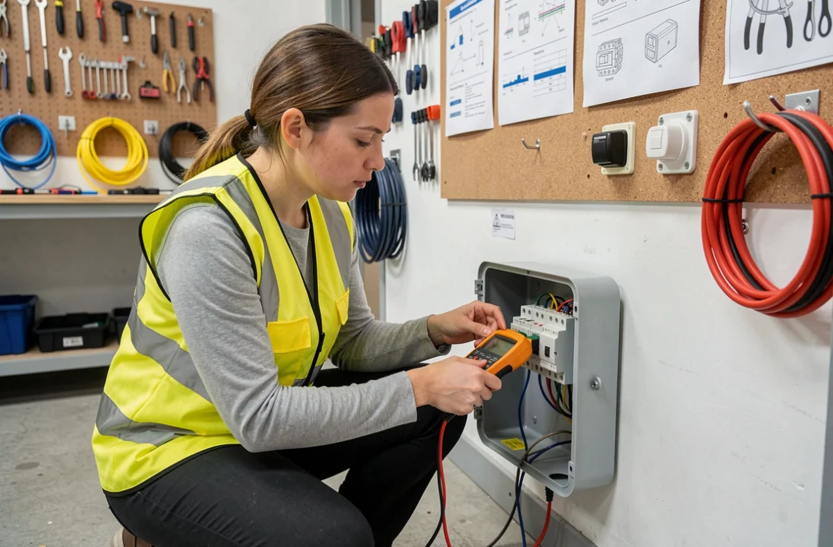 Électricienne utilisant un multimètre pour tester un bouton poussoir dans un atelier de formation électrique, vérification du câblage