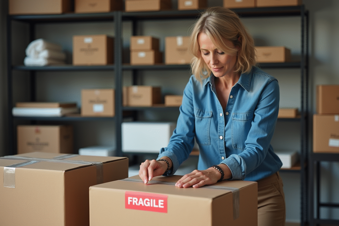 Femme en denim posant un sticker fragile sur un colis