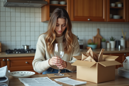 Jeune femme emballant une bouteille de vin avec soin dans la cuisine