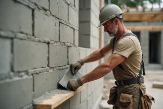 Artisan appliquant manuellement un enduit à la taloche sur un mur en parpaings sur un chantier résidentiel