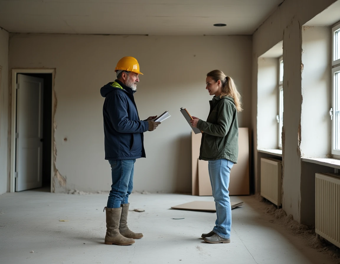 Entrepreneur en rénovation discutant d'un devis avec un propriétaire dans une maison belge en travaux