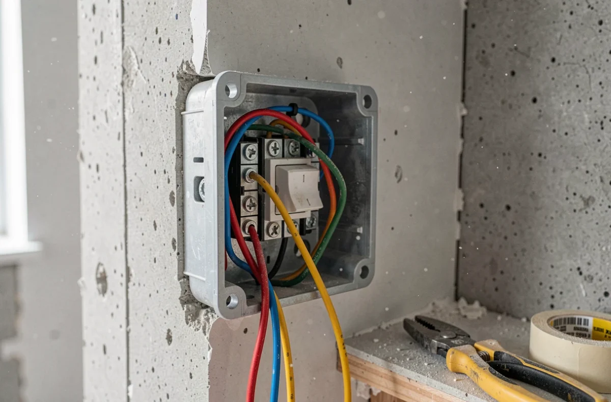Gros plan d'un câblage incorrect sur un bouton poussoir électrique, erreurs de connexion des fils sur bornes, boîtier mural ouvert