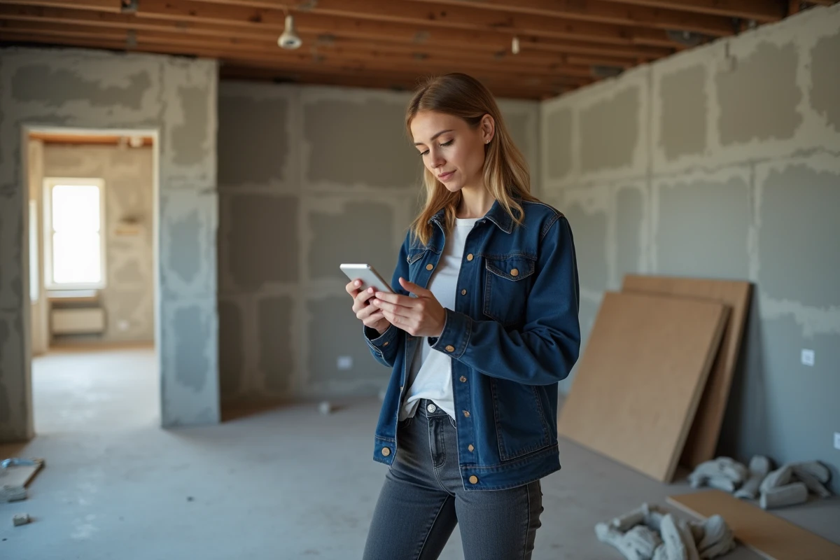 Femme consultant une estimation de rénovation en ligne sur smartphone dans un salon en cours de travaux