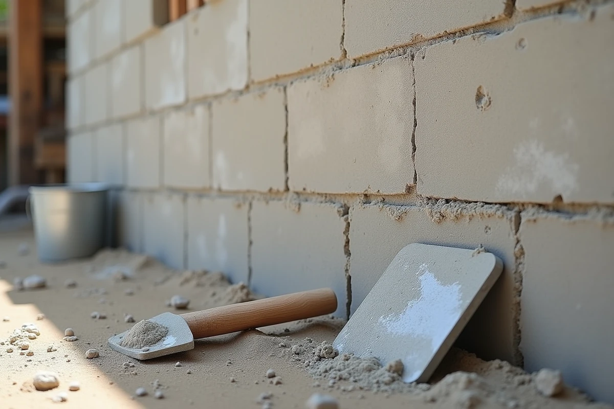 Détail comparatif des différentes étapes d'application d'enduit sur un mur en parpaings, de la surface brute au finissage lisse