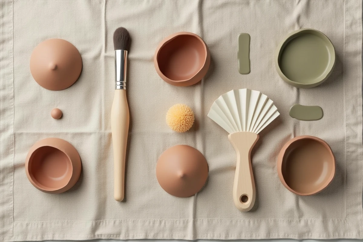 Vue en plongée de plusieurs objets en argile autodurcissante à différents stades de peinture et de protection sur tissu de lin brut