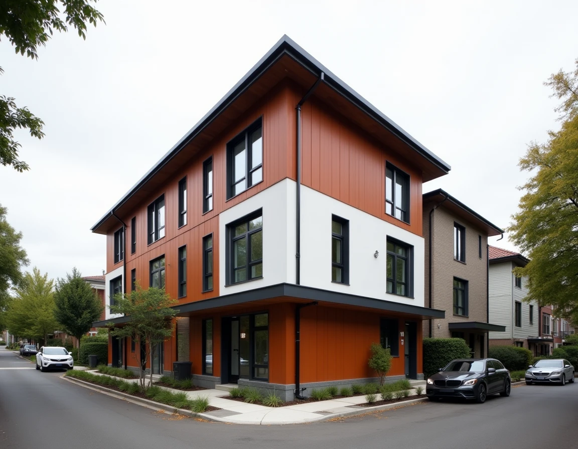 Façade rénovée d'une maison de ville avec cornières aluminium sur-mesure aux angles, bardage fibre-ciment terracotta