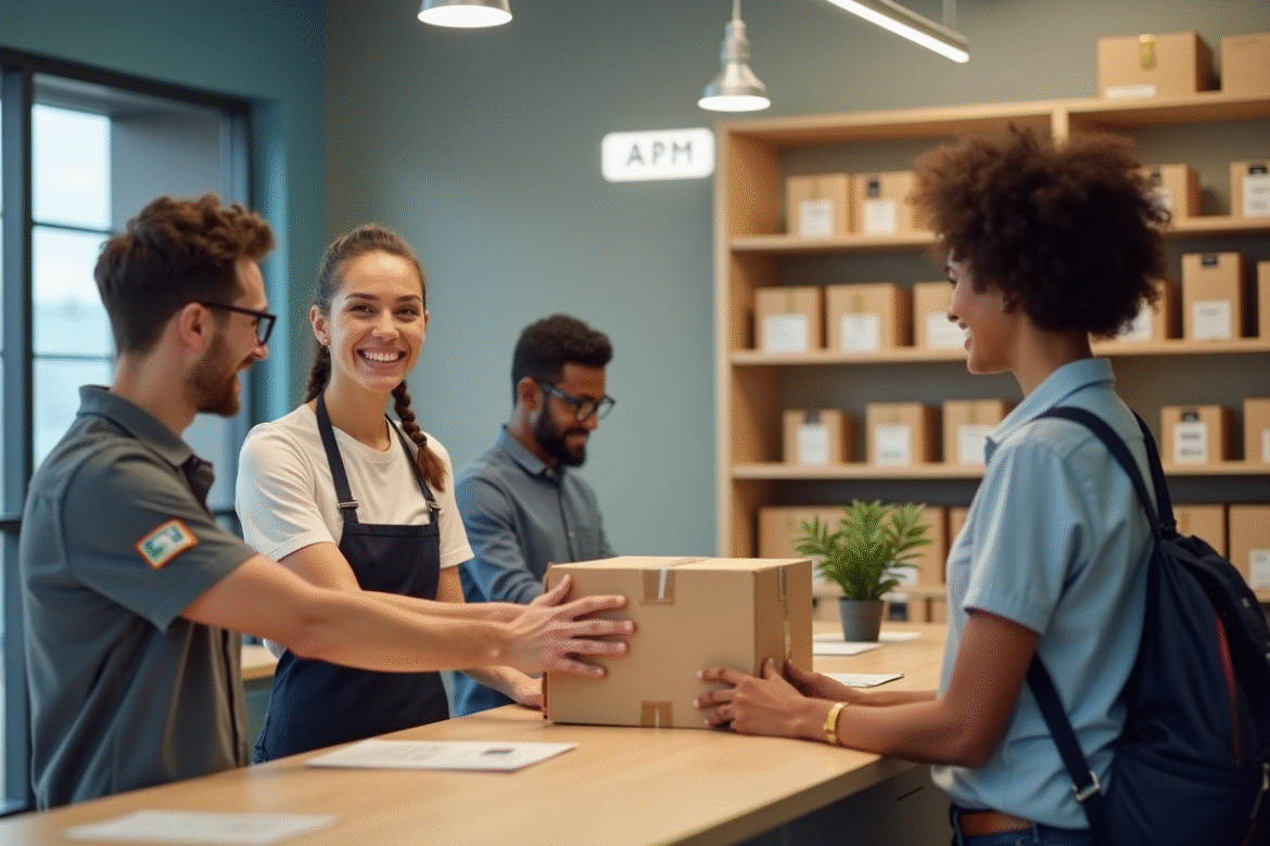 Facteur souriant donnant des boîtes en carton gratuites au client