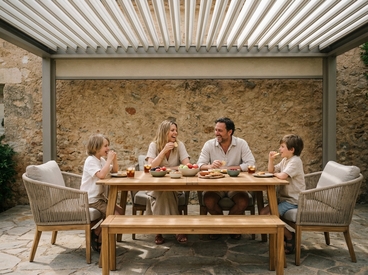 Famille profitant d un repas sous une pergola moderne
