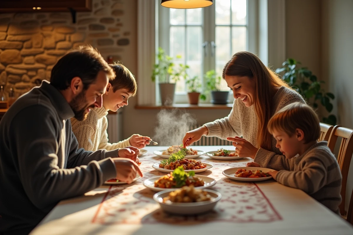 Famille de quatre partageant un repas convivial à table