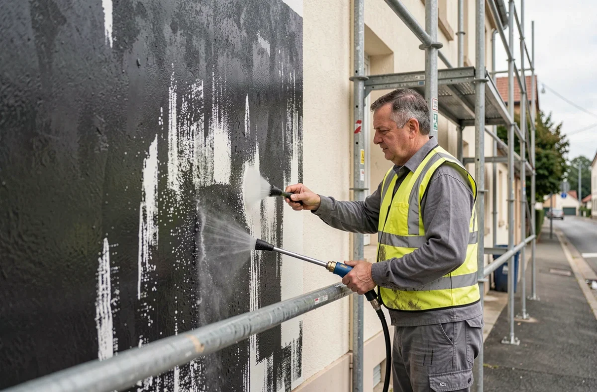 Ouvrier de FC Ravalement et Maçonnerie utilisant un nettoyeur haute pression sur une façade en Seine-et-Marne