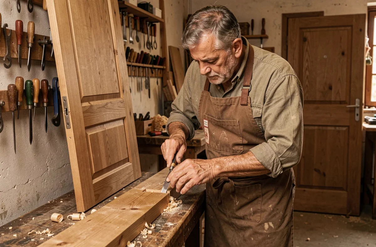 Artisan menuisier Félix Jean-Charles ciselant une rainure de gond sur une porte en chêne dans son atelier des Hauts-de-Seine