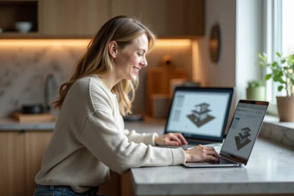 Femme souriante travaillant sur un logiciel 3D en cuisine