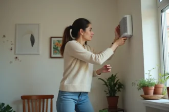 Femme ajustant un purificateur d air dans une chambre cosy