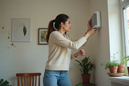 Femme ajustant un purificateur d air dans une chambre cosy