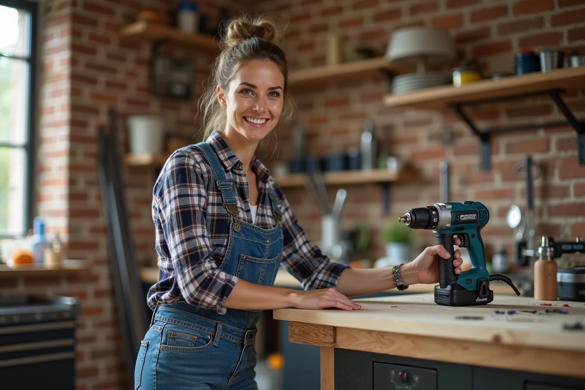 Femme bricoleuse utilisant un interrupteur sans fil dans son atelier