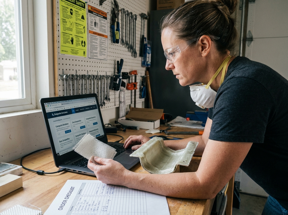 Femme bricoleur recherchant des fournisseurs de matériaux composites en ligne dans un atelier garage