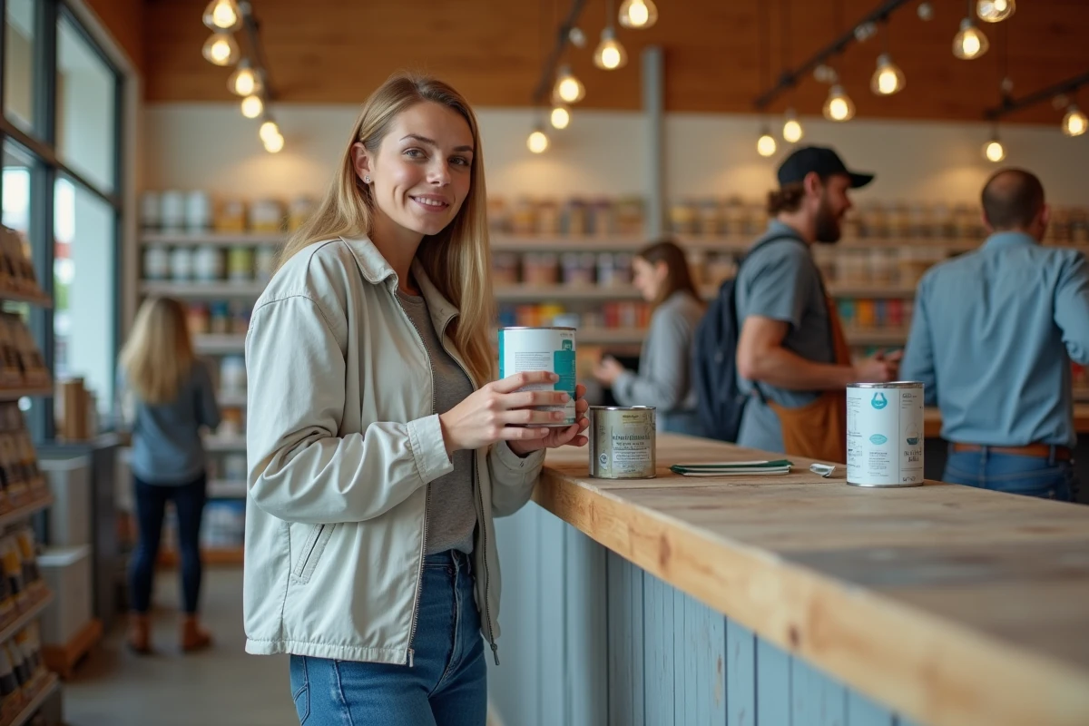 Jeune femme à la caisse avec des pots de peinture dans un magasin