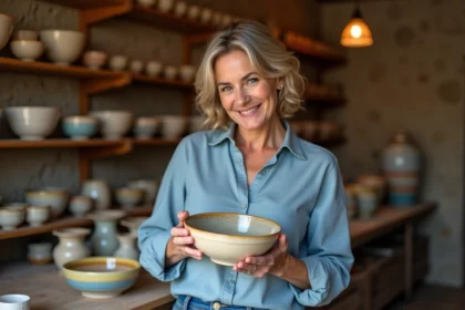 Femme souriante examinant un bol en céramique dans la poterie