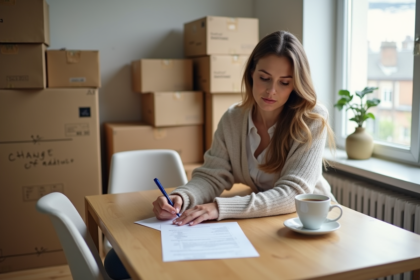 Femme remplissant un formulaire de changement d'adresse dans un appartement lumineux