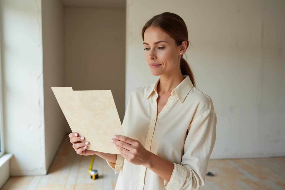 Femme comparant des échantillons de papier peint motif beige lors de la rénovation d'une pièce intérieure