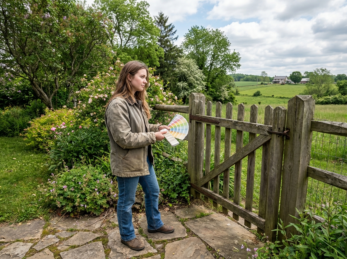 Jeune femme choisissant une couleur de portail en bois rustique