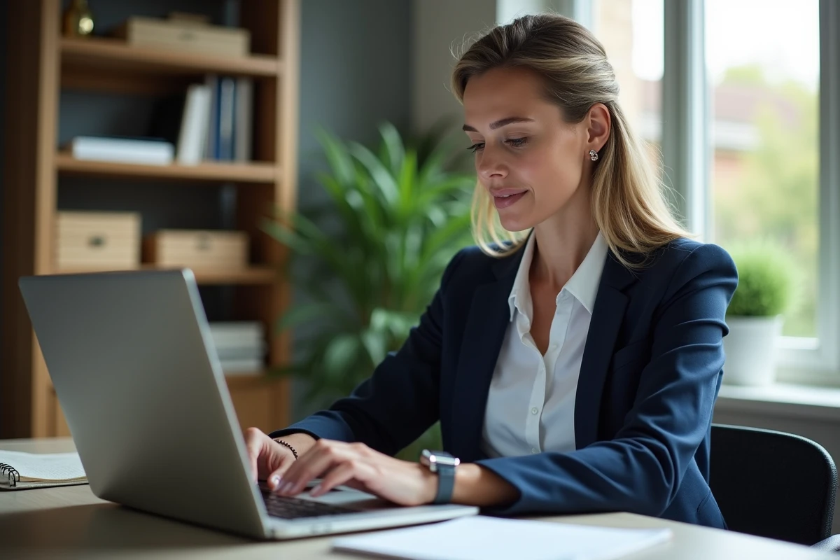 Femme comparant des devis de travaux en ligne sur un ordinateur portable dans un bureau à domicile