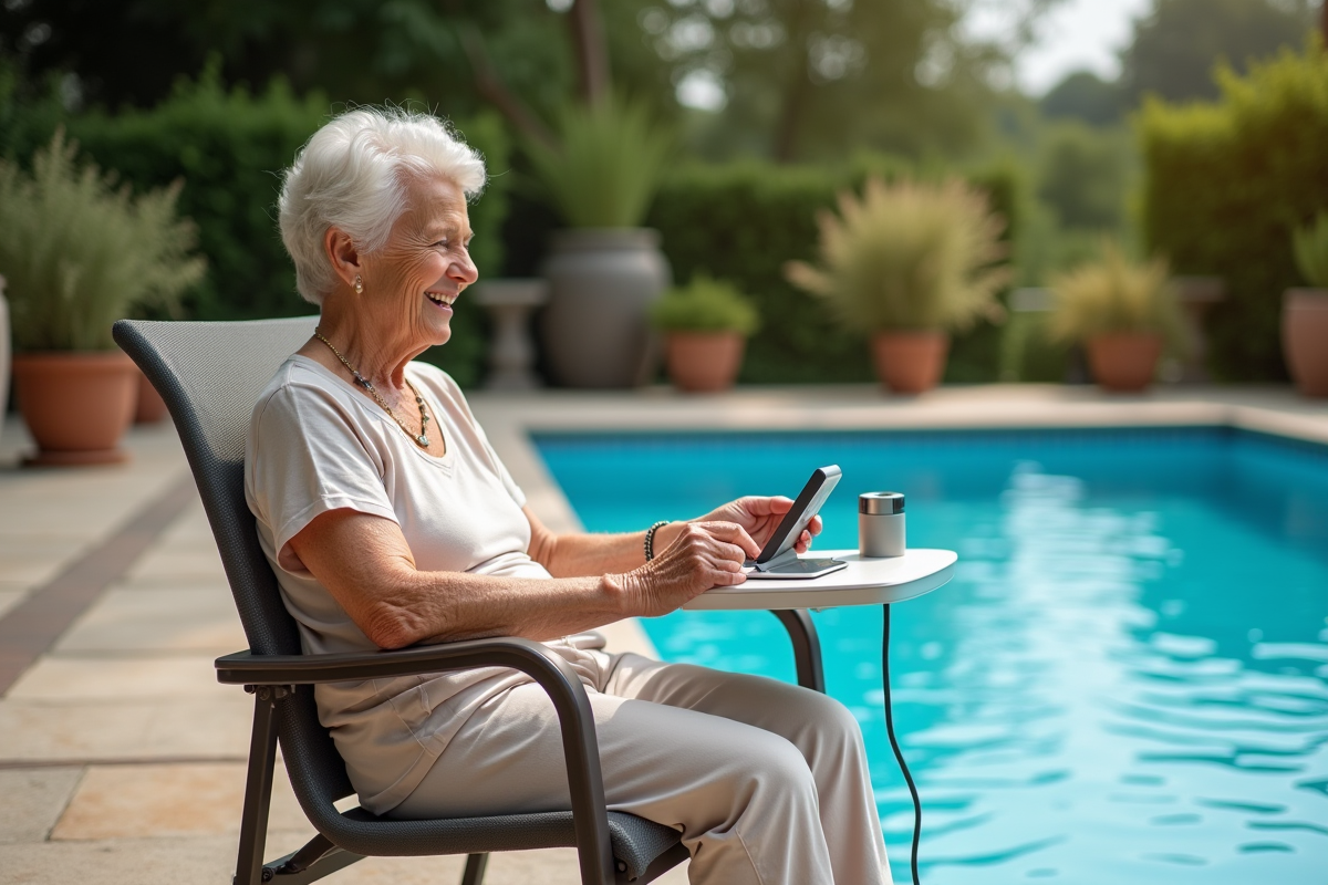 Femme assise près de la piscine avec un panneau de contrôle de chauffage