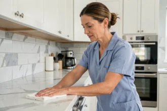Femme de ménage professionnelle nettoyant un plan de travail dans une cuisine moderne à La Garde