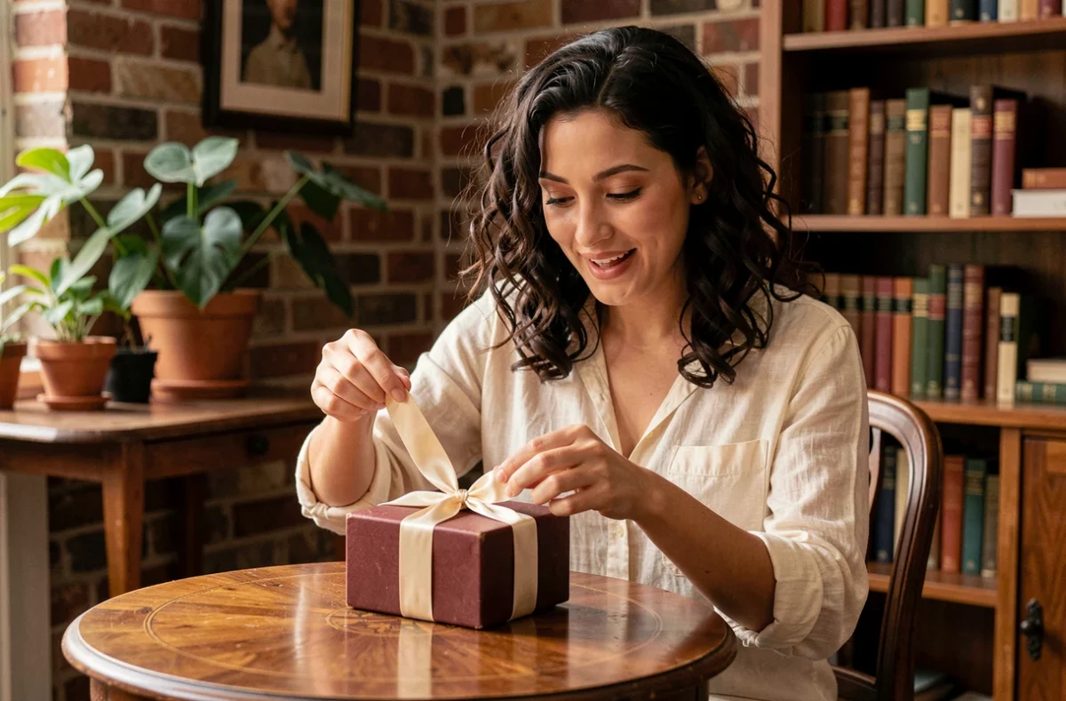 Femme souriante découvrant une boîte à bijoux vintage enveloppée d'un ruban en satin, assise à une table ancienne dans un salon chaleureux aux murs en brique
