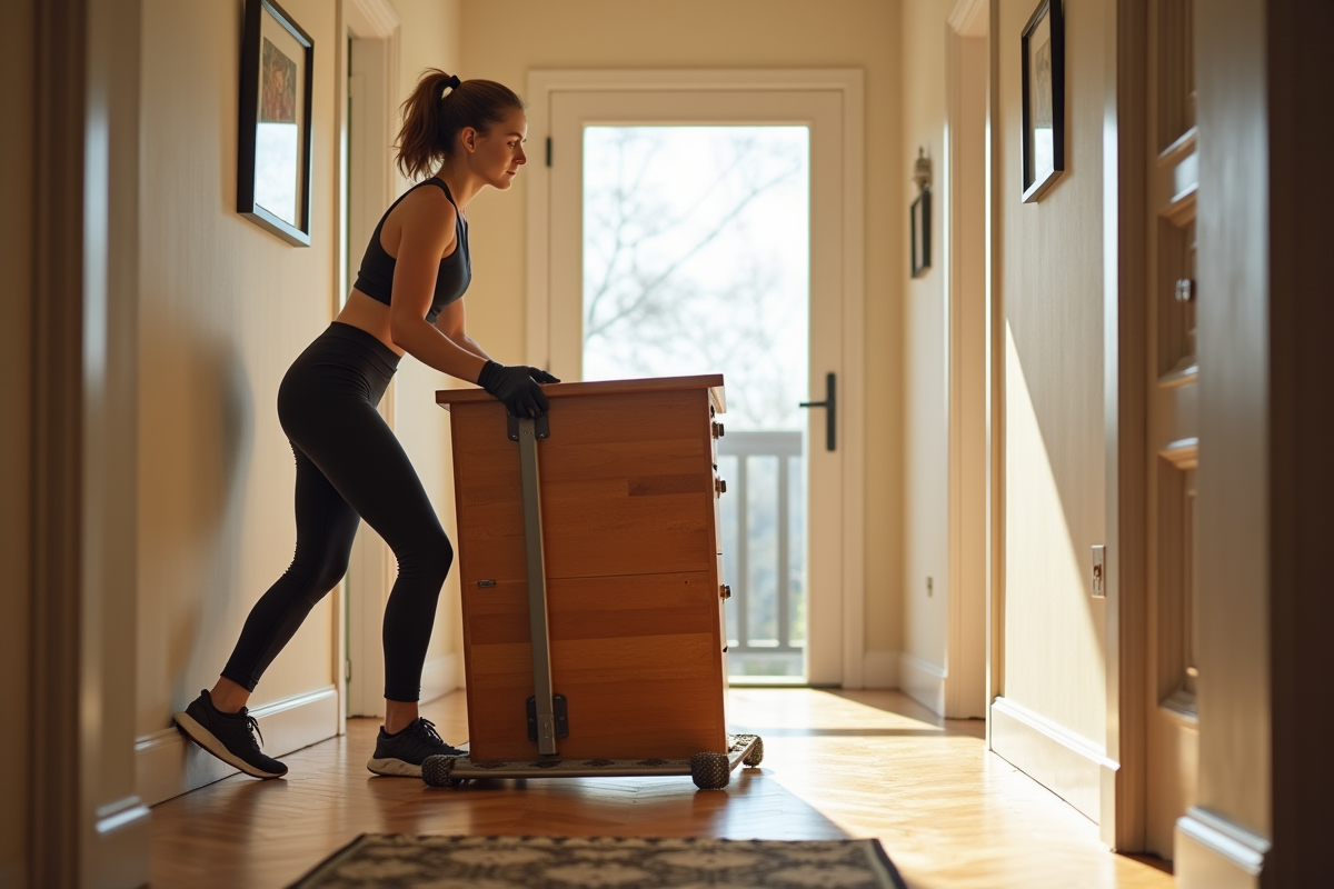 Jeune femme utilisant un chariot pour déplacer un meuble lourd