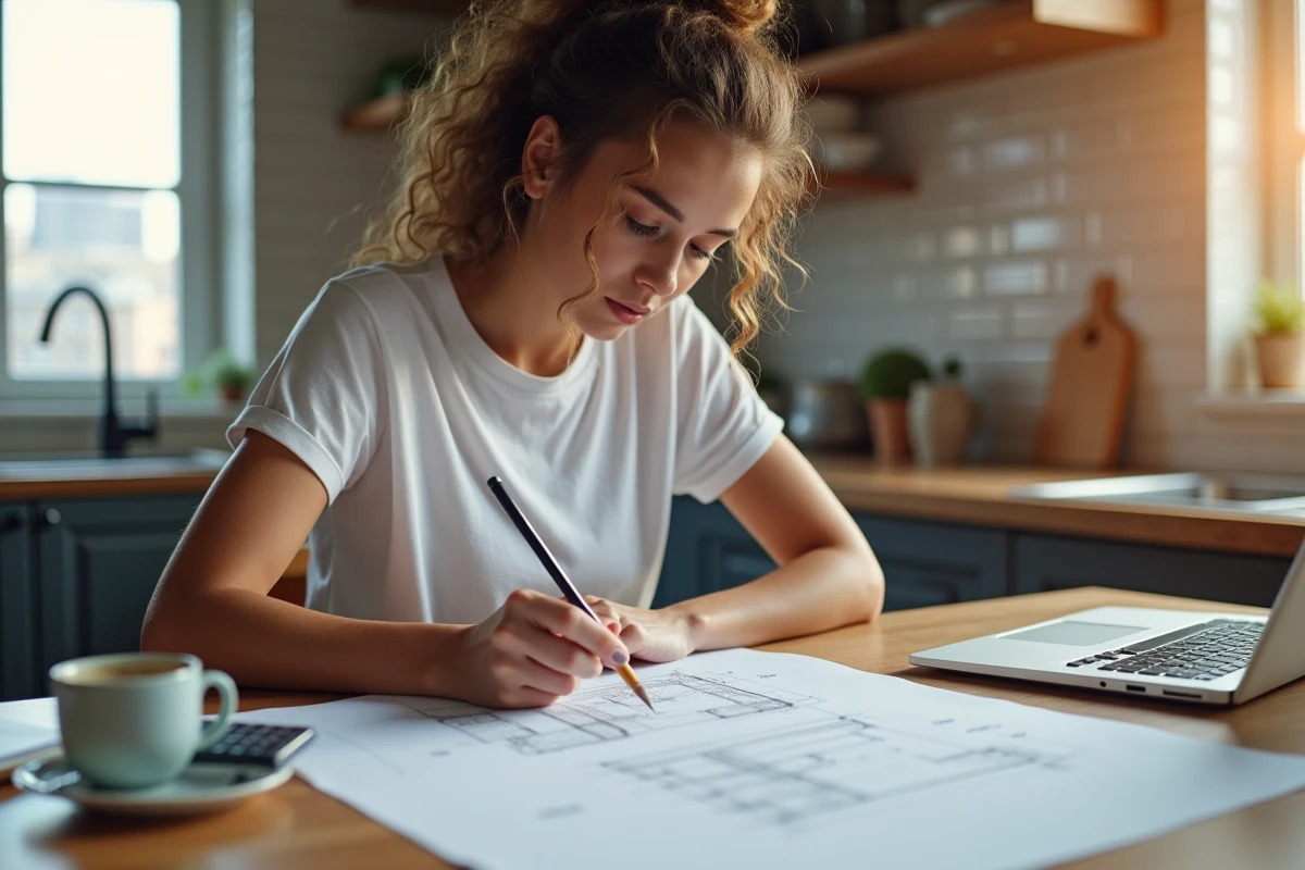 Jeune femme dessinant plan architectural à la cuisine