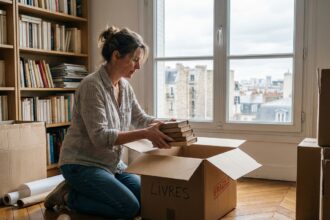 Femme emballant des livres dans un appartement parisien