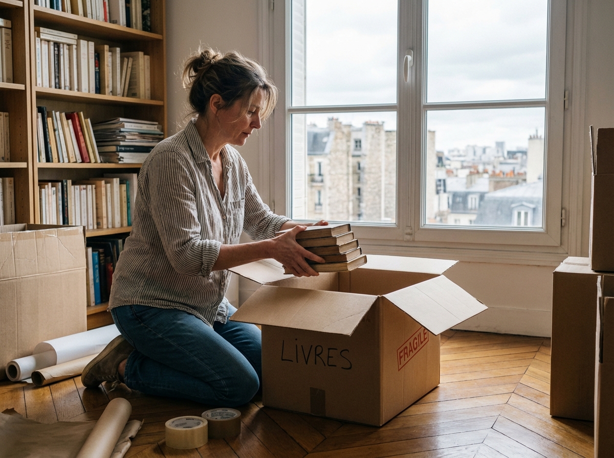 Femme emballant des livres dans un appartement parisien