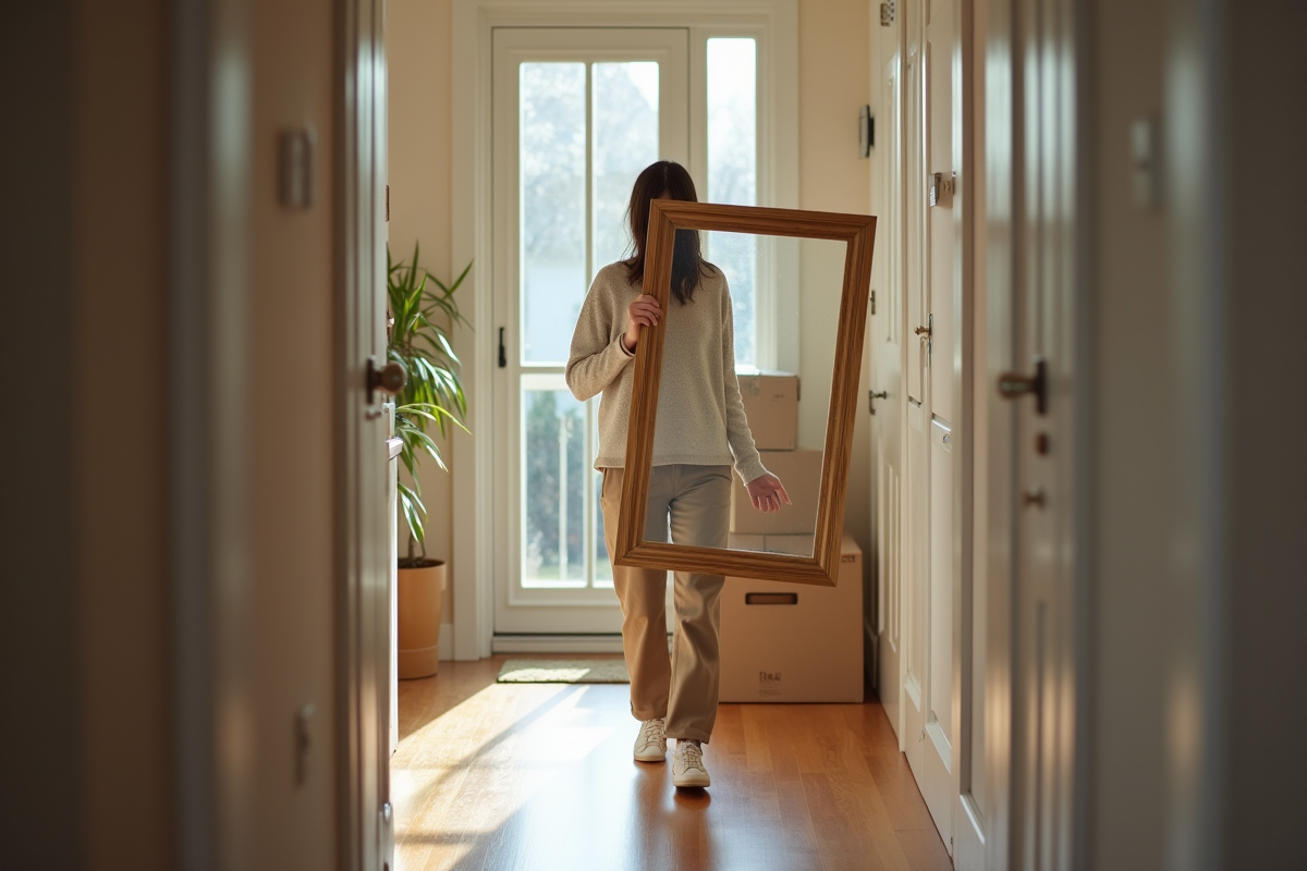 Jeune femme portant un verre emballé pour déménagement