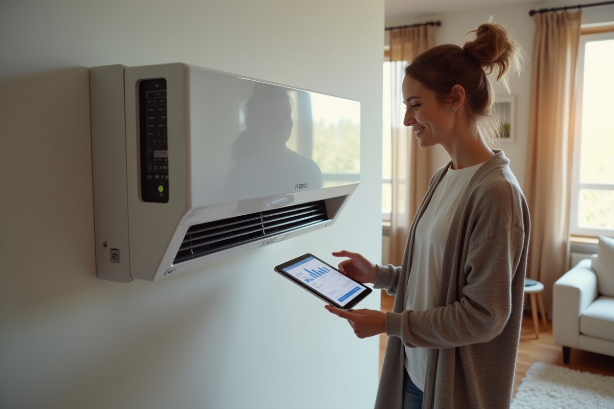 Femme vérifiant une pompe à chaleur murale dans un salon moderne