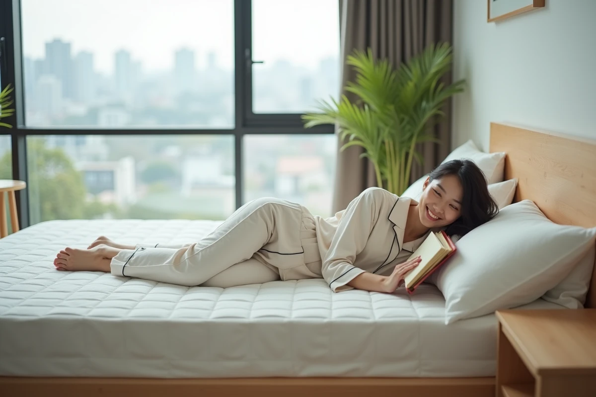 Jeune femme japonaise lisant sur un matelas latex dans une chambre moderne