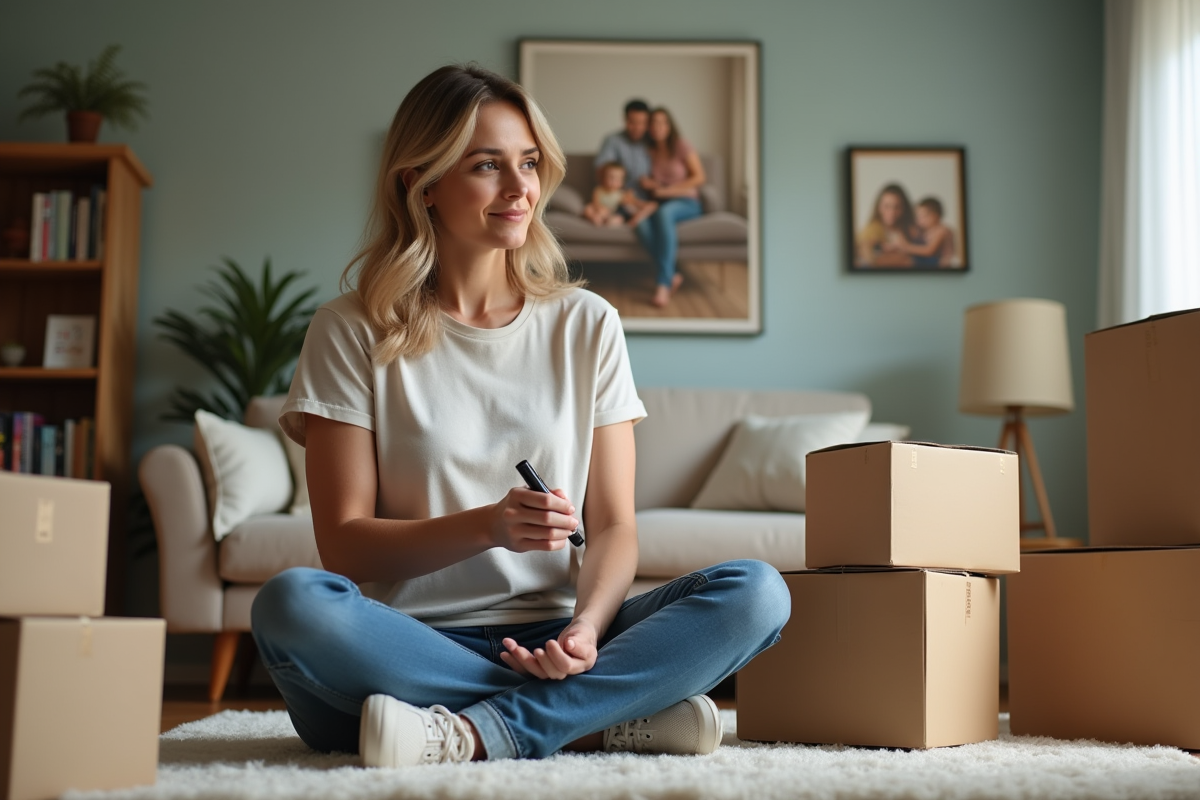 Femme étiquetant des cartons dans une maison chaleureuse